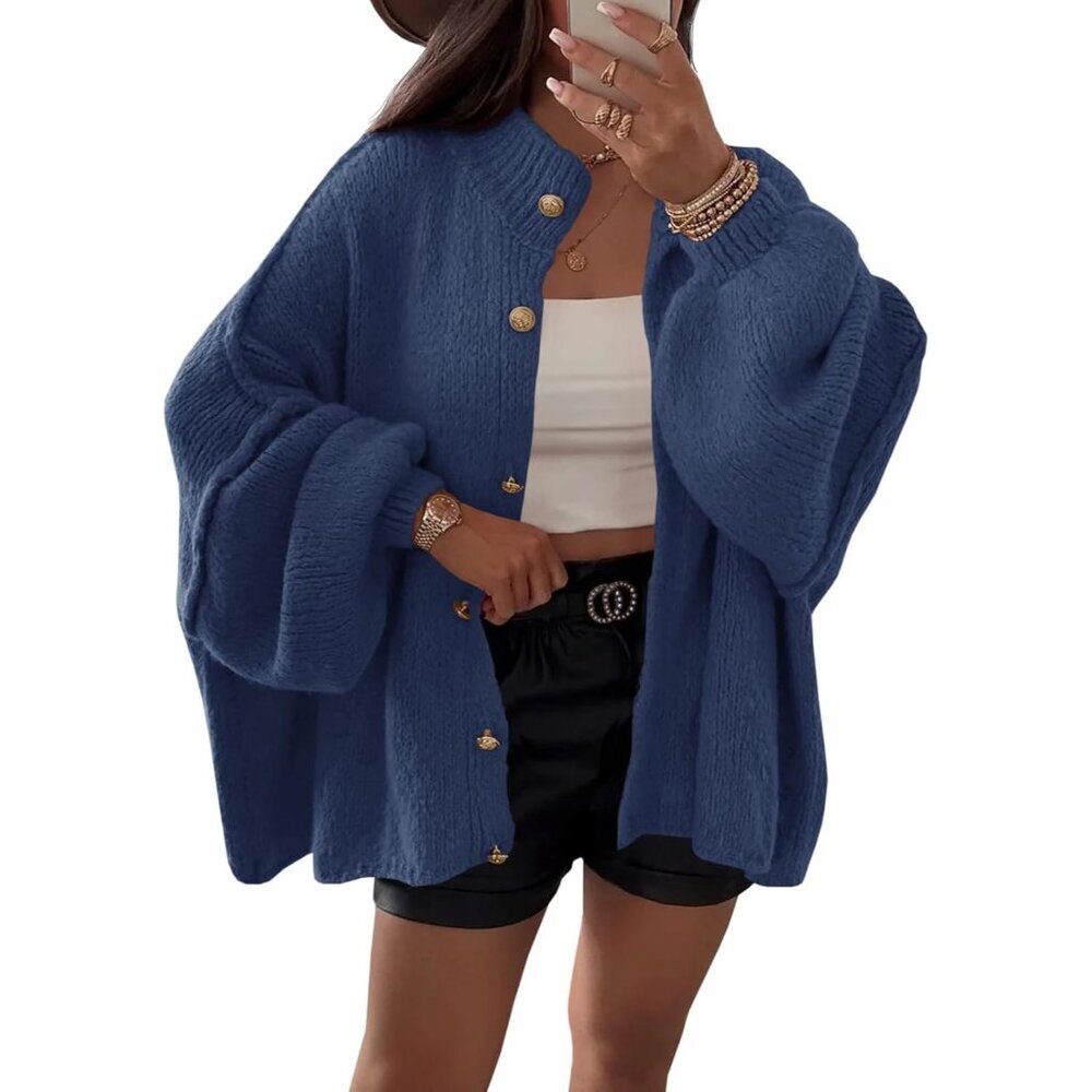 Women's Navy Oversized Cardigans Button Down Chunky Fall Sweater Coats